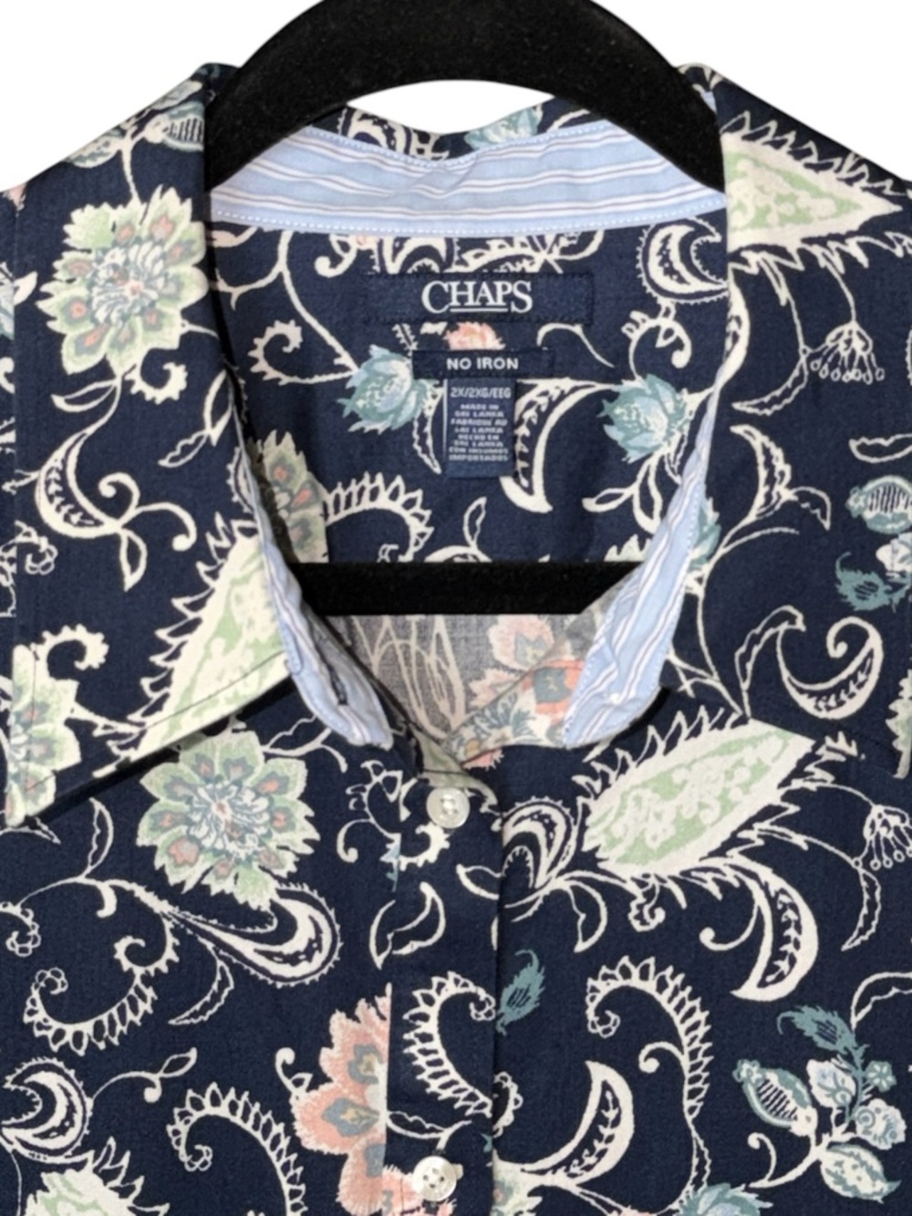 Chaps NO IRON Button Up Shirt Navy Blue Floral Top Long Sleeve Women Plus Sz 2X